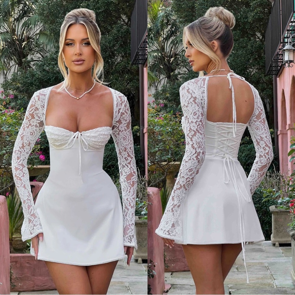 White Lace Long-Sleeve Mini Dress